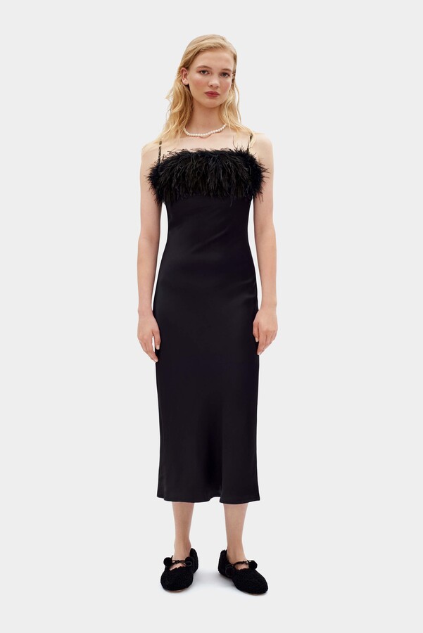 Sleeper Boheme Slip Dress with Feathers in Black