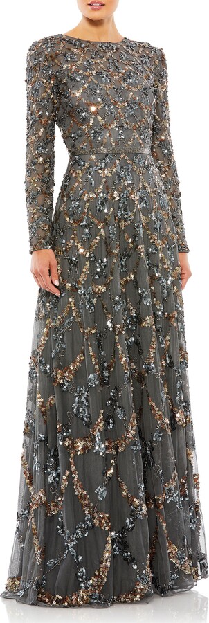 Mac Duggal Embellished Illusion High Neck Long Sleeve A Line Gown
