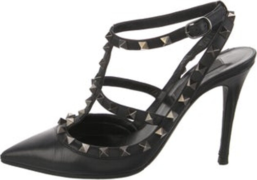 Valentino Leather Slingback Sandals Black Rockstud Accents Multistrap & Buckle Closure at Ankles Unfortunately, due to restrictions, this item may not be eligible for shipping in all areas.
