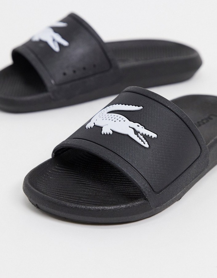 Lacoste Croco logo slides in black and white - ShopStyle Sandals