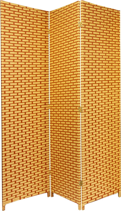 Oriental Furniture 6 ft. Tall Two Tone Faux Rattan Fiber Weave Screen Divider - Natural/Rust - 3 Panel
