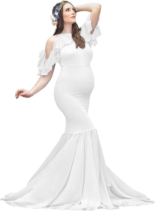 FYMNSI Maternity Dress for Photography Women Off Shoulder Baby Shower Flowy Gown