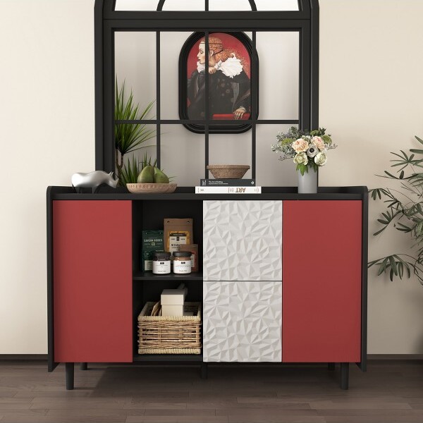 Soscooter SideboardBuffetCabinetwithRedDoors2Drawerswithuniquepanelstylingand2OpenStorageCompartmentforKitchenDiningRoom