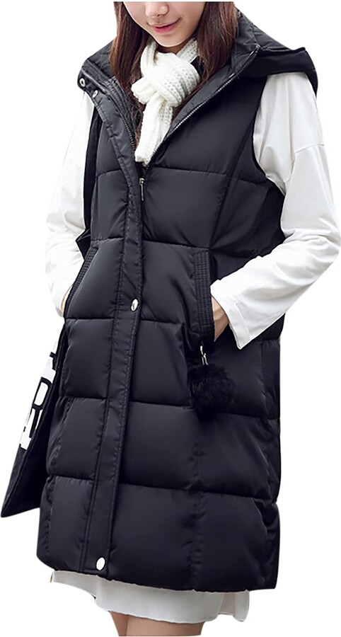 DianShaoA Women Waistcoat Long Hooded Padded Puffer Quilted Vest Bodywarmer Zip Up Sleeveless Jacket Coat 