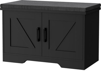 2-Tier Storage Bench, Shoe Bench With Padded Seat Cushion, Entryway Bench With 2 Barn Doors, Adjustable Shelf, 13.8" D X 39.4" W X 17.7" H, For Entryw