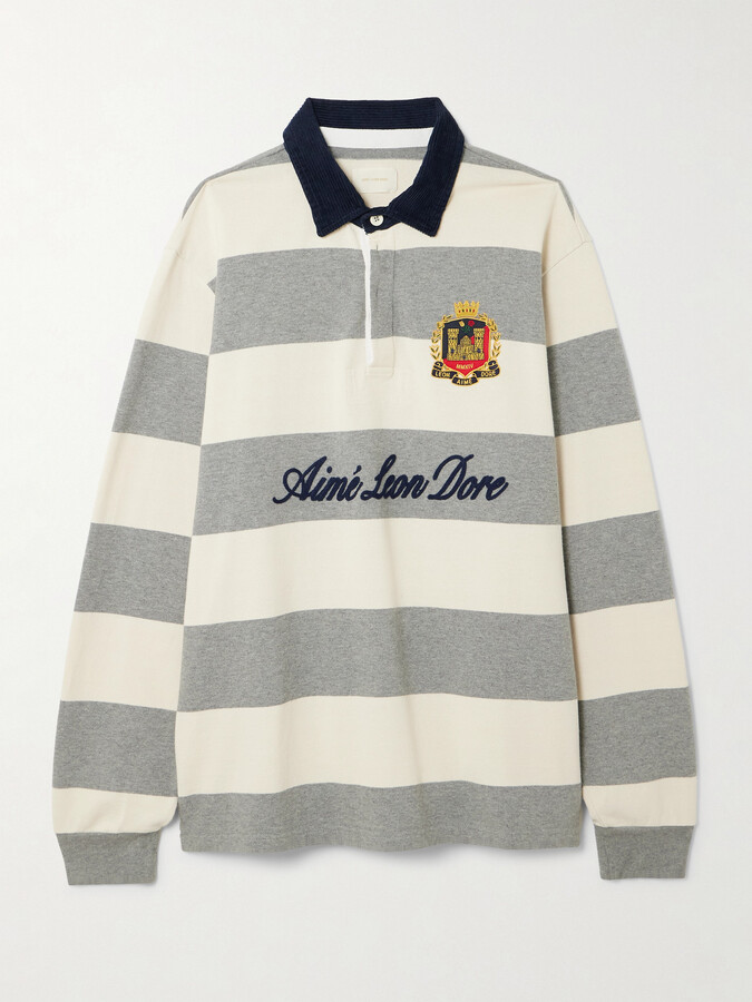 Aimé Leon Dore Script Embroidered Printed Striped Corduroy-trimmed Cotton Rugby Shirt - Off-white