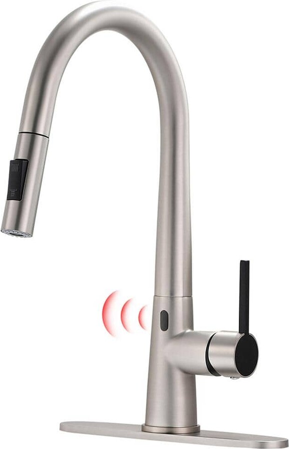 FLG Single Handle Smart Touchless Gooseneck Commercial Pull Down Sprayer Kitchen Faucet with Deckplate in Brushed Nickel