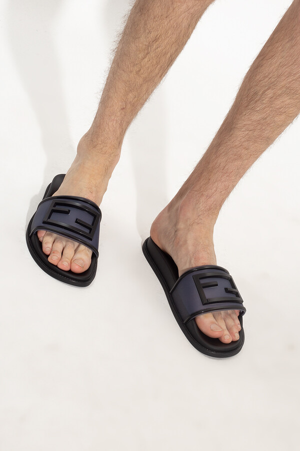 slides and flip flops Leather sandals for Men Fendi Ff Canvas & Leather Sandal in Black Blue Mens Shoes Sandals 