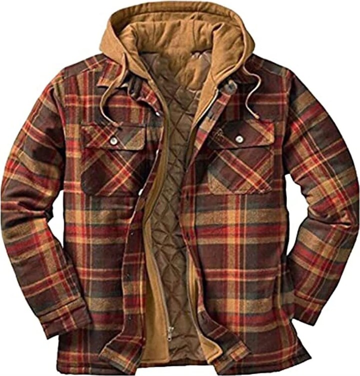 Hebezn Men Shirt Jacket Hooded Lumberjack Jacket Quilted Fleece Hoodies  Check Button Shirt，Windproof and Warm Lining，Leisure Other Outdoor Sports  (Color : E - ShopStyle