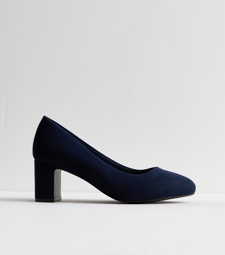 New Look Extra Wide Fit Navy Suedette Block Heel Court Shoes Vegan
