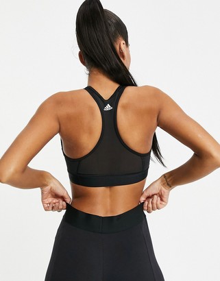 adidas Training 3 bar logo racer back medium support sports bra in black