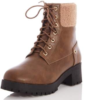 Quiz Wide Fit Brown Faux Leather Lace Up Hiker Boots