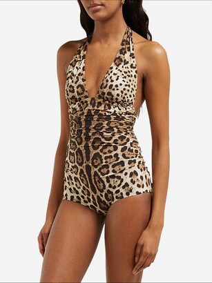 Dolce & Gabbana Leopard-print Ruched-side Halterneck Swimsuit - Leopard