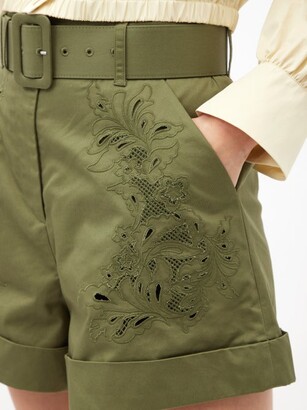 Self-Portrait High-rise Embroidered Cotton Shorts - Khaki