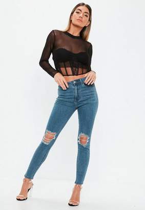 Missguided Blue Skinny Knee Rip High Waisted Jeans