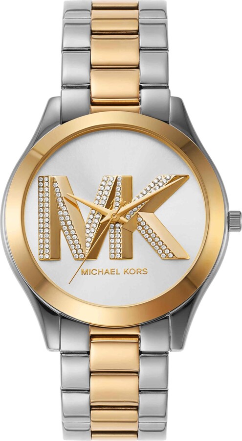Michael Kors Women's Slim Runway Logo Silver and Gold Two-Tone Stainless  Steel Bracelet Watch (Model: MK4735) - ShopStyle