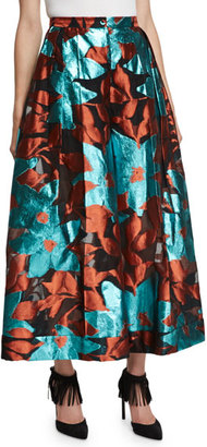 DELPOZO Metallic Floral Burnout Midi Skirt, Blue