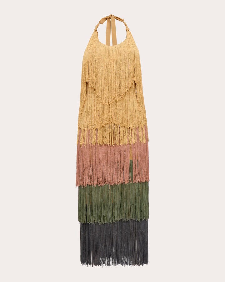 ANDREA IYAMAH Neme Tiered Fringed Halterneck Midi Dress