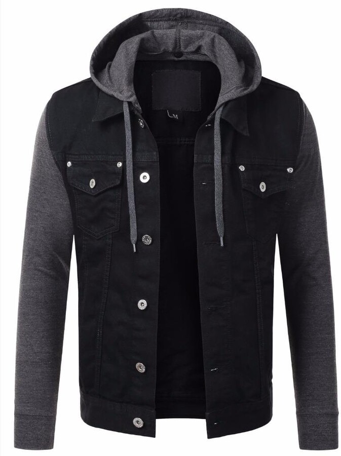 HASHOOB TRADING FZE Men's Black Denim Jacket Detachable Hood Long