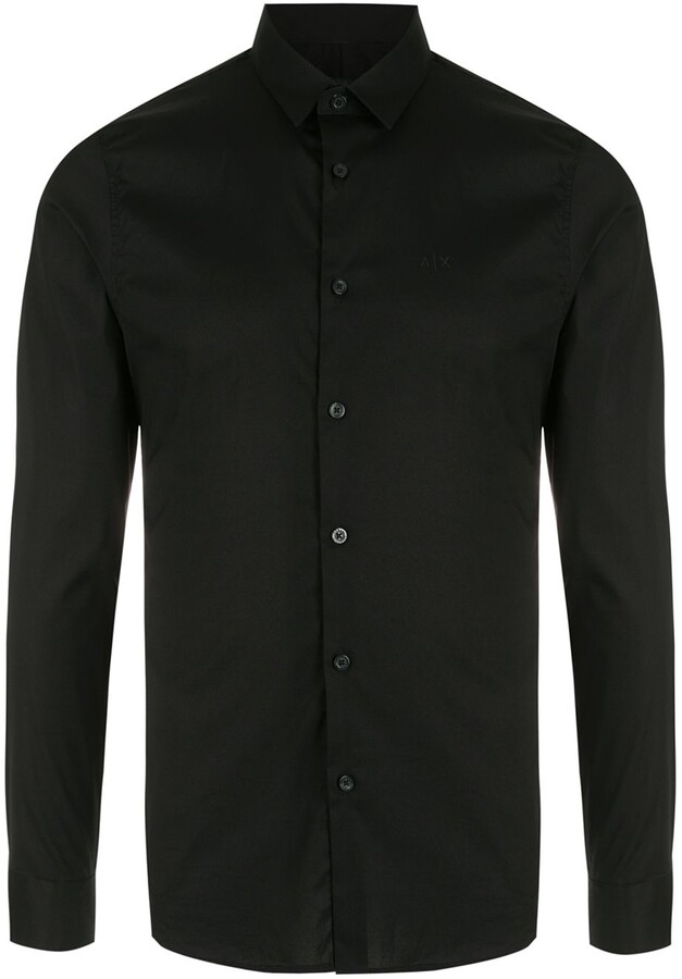 AX ARMANI EXCHANGE mens Long Sleeve Logo Collar Stretch Cotton Button Down  Shirt, Black, Large US at  Men's Clothing store