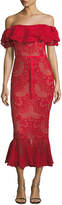 Thumbnail for your product : Marchesa Notte Off-Shoulder Flared Lace Cocktail Midi Dress