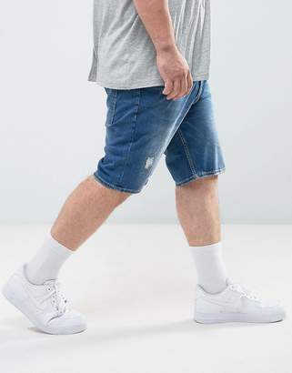 ASOS Design PLUS Skinny Denim Shorts In Mid Wash Blue With Rip And Repair