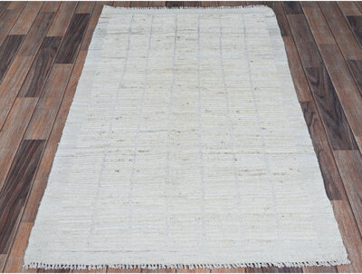 Hokku Designs 3'x5' Alabaster White Moroccan Weave with Grid Design Tone on Tone Undyed Natural Wool Textured Pile Hand Knotted Oriental Rug