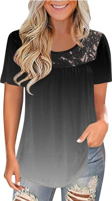 Womens O Neck T Shirts Lace Solid Short Sleeve Solid Color Tunic Casual Basic Tees Tops Womens Summer Tops 