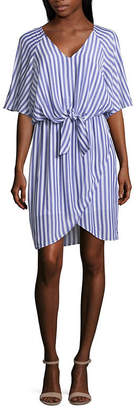 BELLE + SKY Elbow Sleeve Striped Wrap Dress