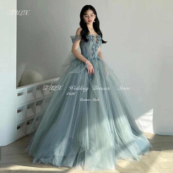 TULX Luxury Blue Tulle Evening Dress Korea Wedding Dress Photo Shoot Off Shoulder Floral Bridal Gowns Long Corset Customized