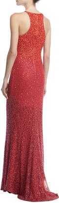 Badgley Mischka Sleeveless Ombre Sequin Gown, Red/Multicolor