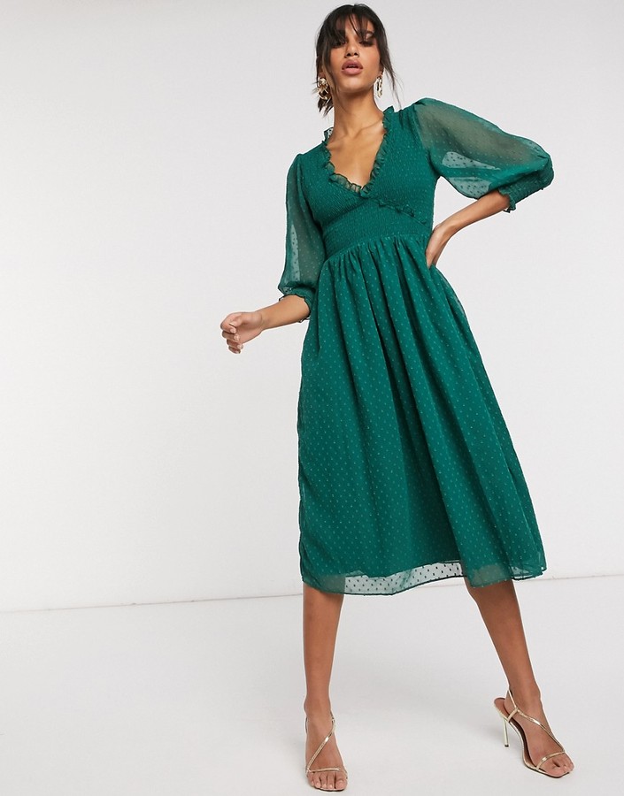 ASOS DESIGN shirred dobby midi dress in forest green - ShopStyle