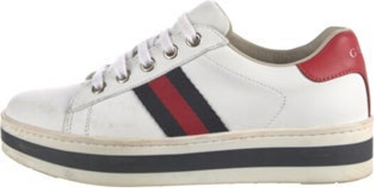 Gucci Ace Low Top Sneakers White Leather Printed Web Accent & Hysteria Accent Rubber Trim Round-Toes with Grosgrain Trim Platform Lace-Up Closure at Uppers Size not listed, estimated from measurements. Designer