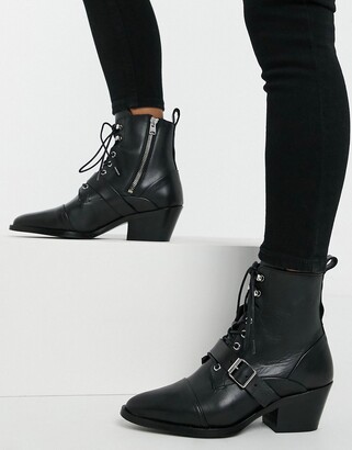 AllSaints Katy lace up heeled leather boots with buckle in black 