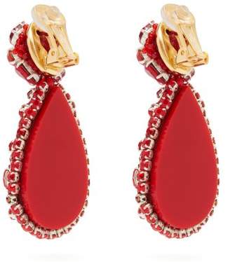 Oscar de la Renta Crystal Embellished Teardrop Clip On Earrings - Womens - Red