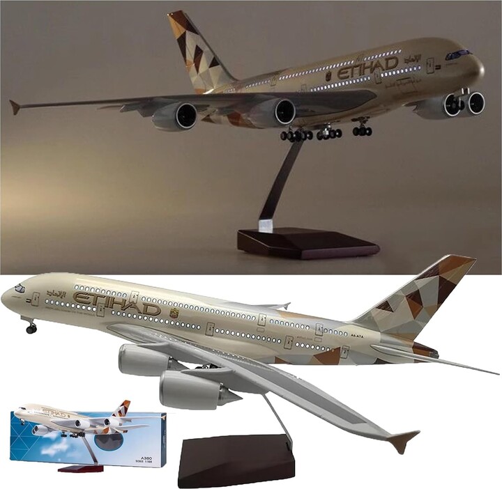 NONE 50.5cm Airplane A380 Etihad Airways 1/160 Scale Model With Light and Stand Resin Aviation Plane Model Collection Gift Ornament