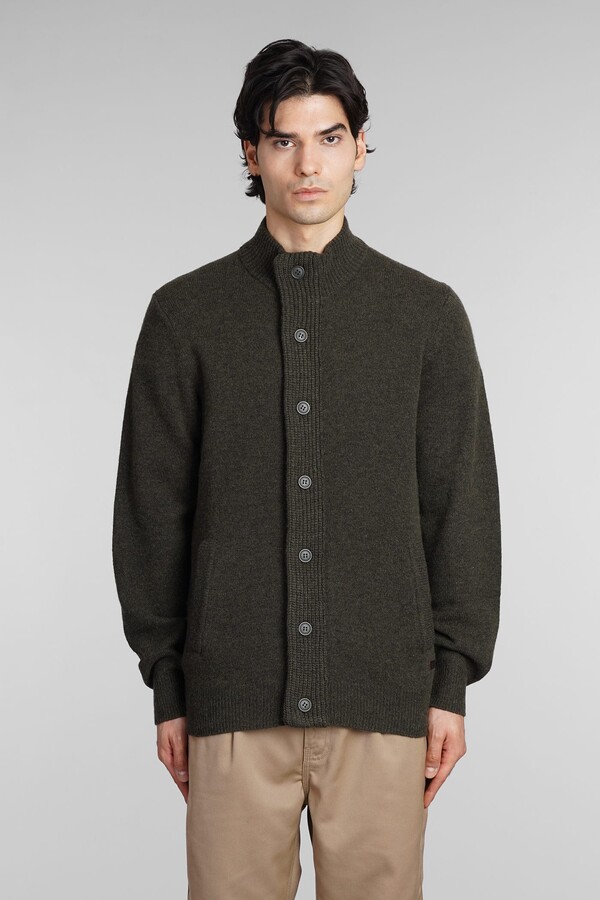 Patch Zip Card Cardigan In Green Wool