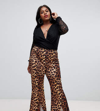 Lasula Plus Front Split Flared Trouser In Leopard Print