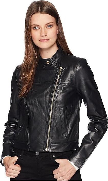 MICHAEL Michael Kors Leather Moto Jacket (Black) Women's Coat - ShopStyle