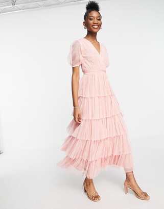 Anaya With Love puff sleeve midaxi dress with tiered skirt in pink