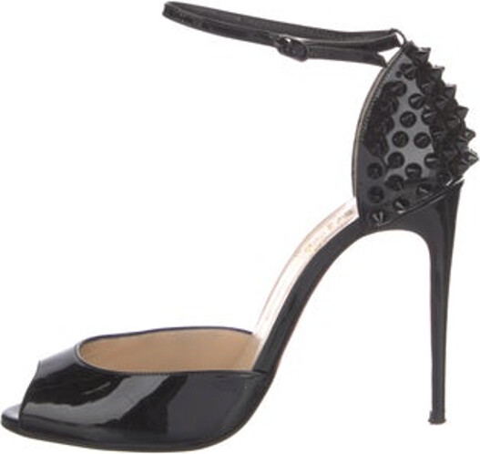 Christian Louboutin Patent Leather D'Orsay Pumps Black Spike Accents Peep-Toes with Studded Accents Wrap-Around Straps Designer