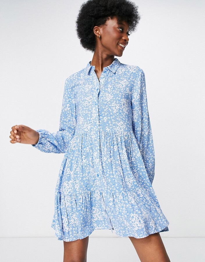 Stradivarius mini shirt dress in blue floral - ShopStyle