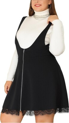Agnes Orinda Agne Orinda Women' Plu Size Fahion A-Line Zipper Lace Trim Mini Supender Skirt Black 3X