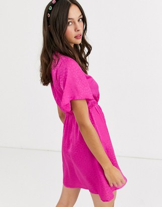 Qed London flared sleeve wrap mini dress in hot pink