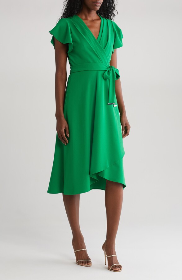 Flutter Sleeve Faux Wrap Midi Dress