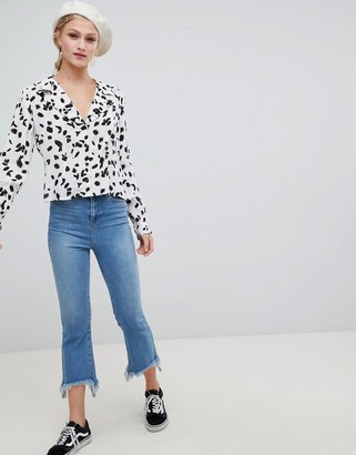 ASOS DESIGN waisted tea blouse with collar detail in abstract print and long sleeves