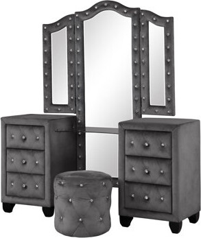 Modern Style Crystal Tufted Upholstery 6-Drawer Vanity Set with Stool, finished with Velvet Fabric made with Wood in Black(CA Inventory)