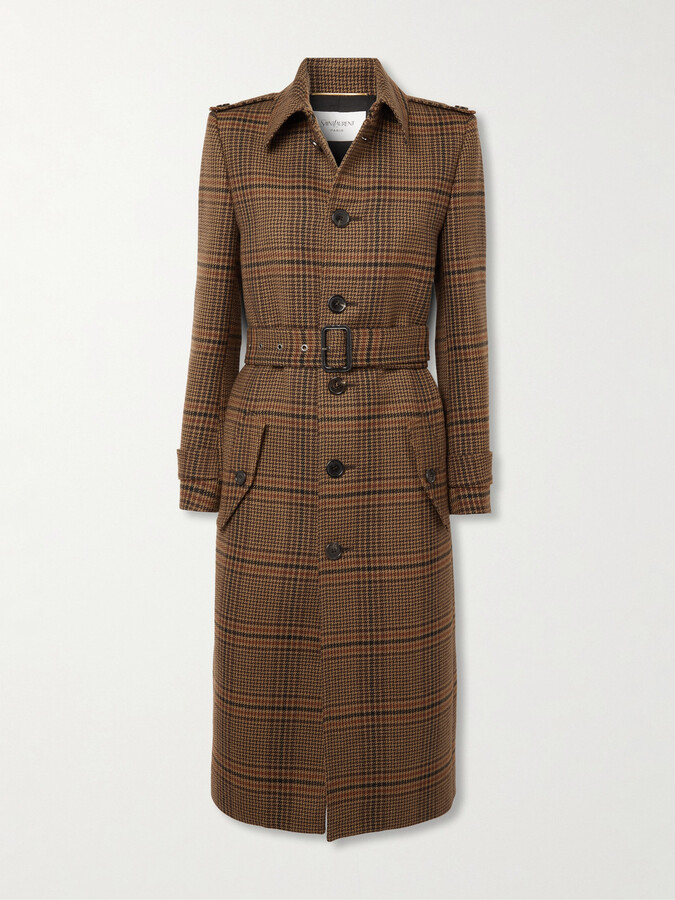 Saint Laurent Belted Checked Wool Trench Coat - Brown