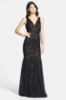 Thumbnail for your product : Monique Lhuillier ML Bridesmaids Shirred Tulle Overlay Lace Trumpet Dress