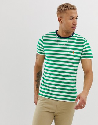 Polo Ralph Lauren player logo stripe pocket t-shirt contrast neck in green/white